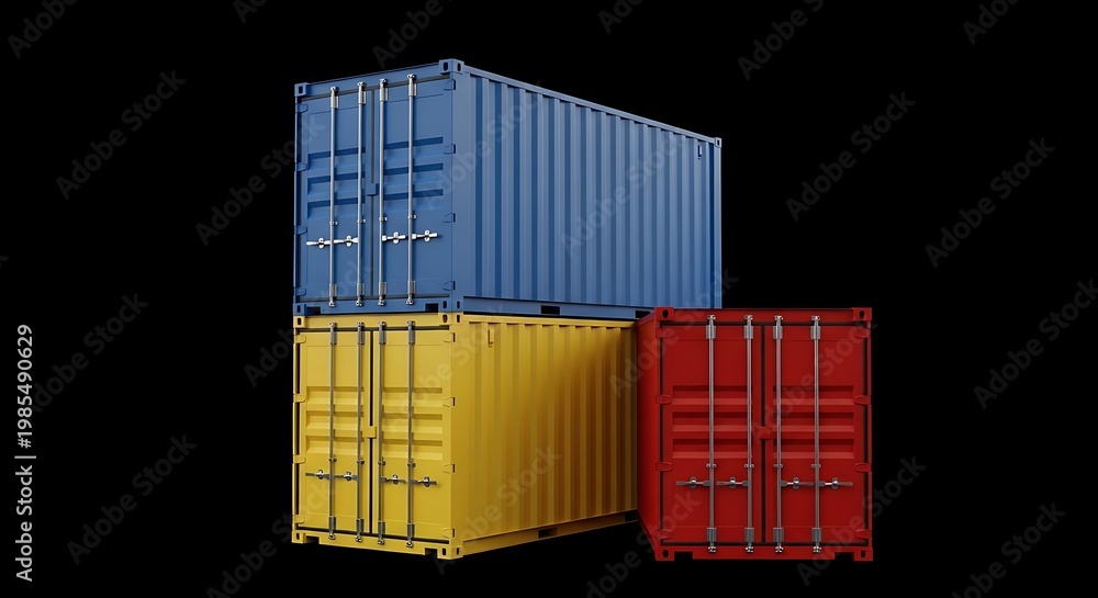 Fototapeta premium Stacked shipping containers in blue, yellow, and red against a black background