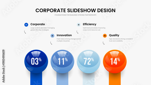 Service Launch Slide Design Vector Illustration. Enterprise Profile Four Step Chart Slideshow Template. Consulting Introduction 4 Element Diagram Presentation Layout.