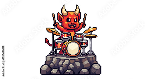 Cute Little Devil Playing Drums on Rocks.