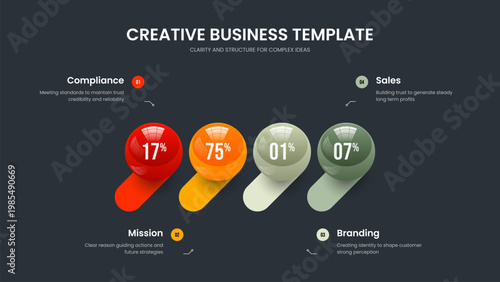 Modern Showcase Frame Layout Vector Illustration. Service Strategy Four Option Graph Presentation Template. Creative Overview 4 Step Chart Slide Design.