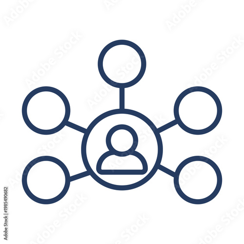 A dark blue line drawing of a central human figure surrounded by five circles connected by lines