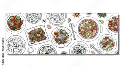 Collection of hand-drawn sketches featuring various traditional Chinese dishes such as dumplings, noodles, and hot pot from a top-down view.