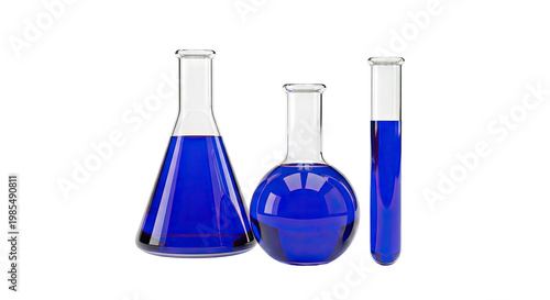Three Chemical Flasks with Blue Liquid
