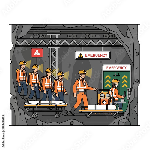 Mining emergency evacuation, workers with stretcher and first aid kit in underground mine tunnel