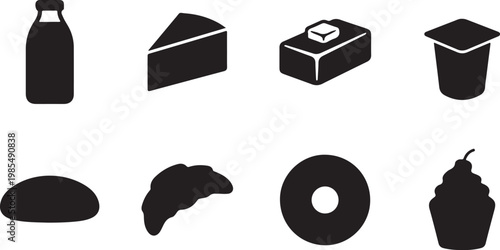 Food icons, black silhouettes, 8 elements, vector graphics, restaurant symbols, meal signs, flat design