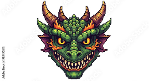 Fierce Green Dragon Head With Sharp Teeth And Horns.
