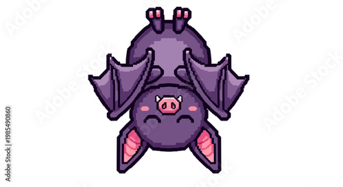 Cute Purple Bat Hanging Upside Down Cartoon Illustration.