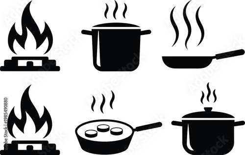 Black and white cooking icons stovetop pots pans and flames