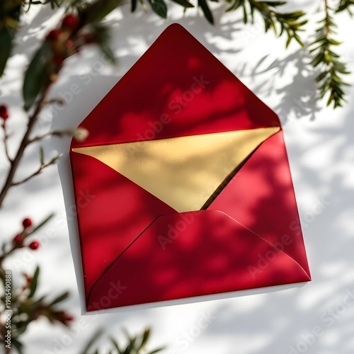 Red holiday envelope with gold lining, isolated on white