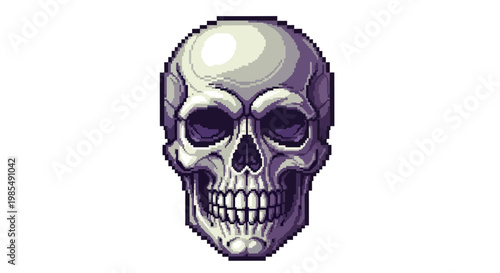 Detailed Pixel Art Human Skull Illustration.