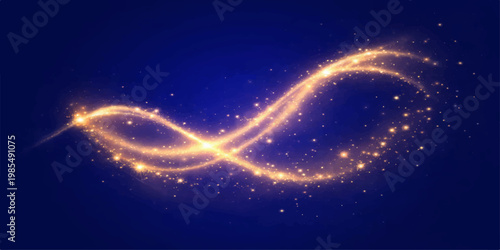 Abstract a swirling, luminous light trail dances across a deep blue canvas, a captivating visual symphony of energy, creating an abstract and mesmerizing spectacle.