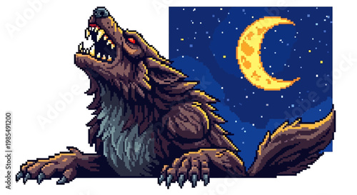 Fierce wolf howling at the moon pixel art.