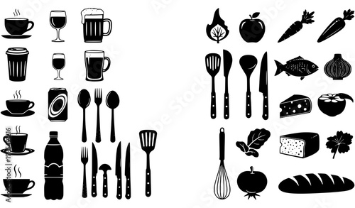 Food and drink silhouettes vertical vector set with categorized black culinary icons