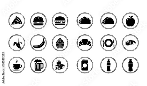 Food and drink silhouettes in circular frames vector set with modern black icon design