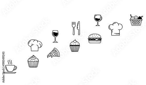 Outline food and drink silhouettes diagonal vector set with minimal line culinary icons