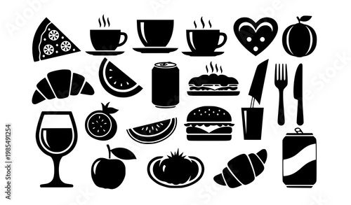 Bold black food and drink silhouettes square composition vector set with strong icon design