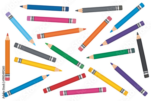 colorful pencils scattered on white background