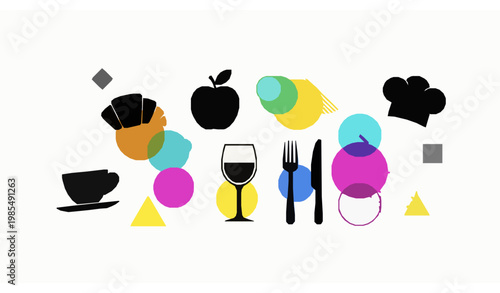 Black food and drink silhouettes with abstract shapes vector set in modern culinary design