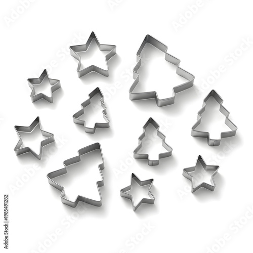 Holiday cookie cutter set (stars & trees), isolated on white background