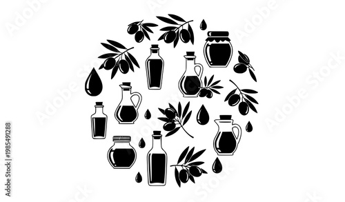 Black and white olive and olive oil icons circular vector set with branches drops and bottles