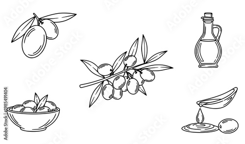 Bold olive and olive oil silhouettes square composition vector set with black and white icons