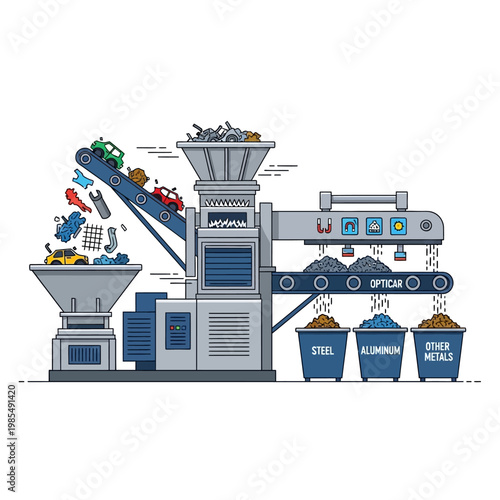 Recycling plant processing scrap metal cars on conveyor belt into sorted materials