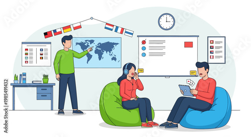 Diverse students learning in a modern classroom setting.