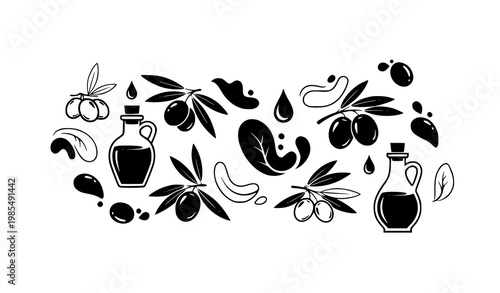 Olive and olive oil icons with abstract elements vector set in black and white design