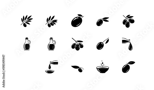 Olive oil UI icons vector set with black and white modern food app design