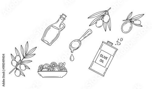 Outline olive oil icons diagonal vector set with minimal Mediterranean food line design