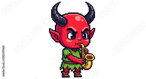 Cute Red Devil Character Playing Saxophone Pixel Art.