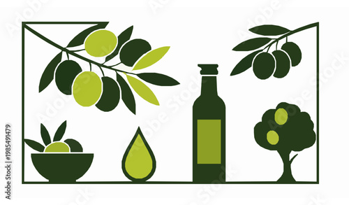 Bold olive oil icons square composition vector set with rich Mediterranean food design