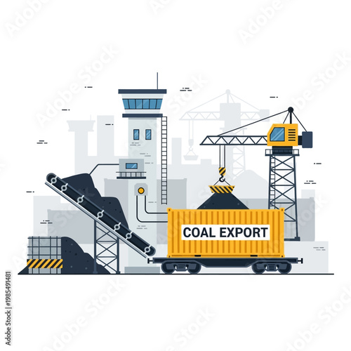 Coal Export Logistics: Conveyor Belt Loading Container on Train at Industrial Port