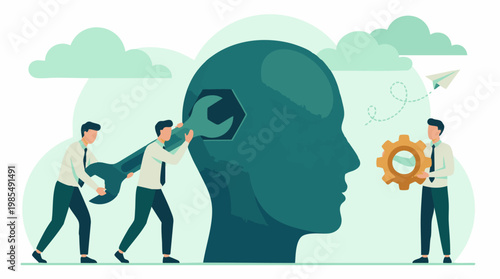 Business team working on brain mechanism, mental health, and problem solving concept