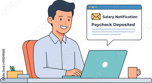 Man receives salary notification on laptop at office desk with email