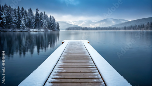 Serene wooden dock extending into calm frozen lake in winter misty mountains