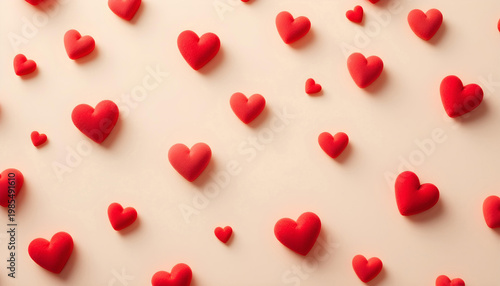 Minimal beige background with small red hearts floating