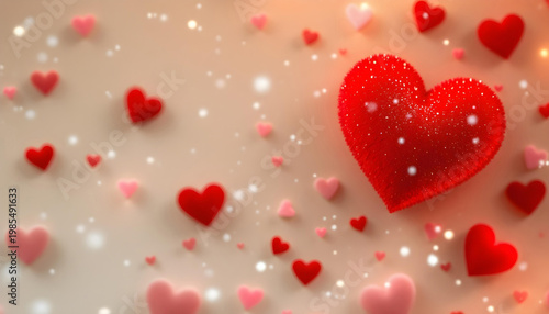 Minimal beige background with small red hearts floating