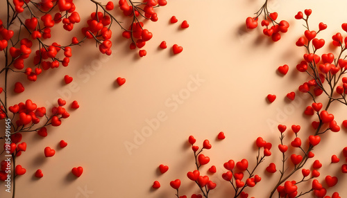 Minimal beige background with small red hearts floating