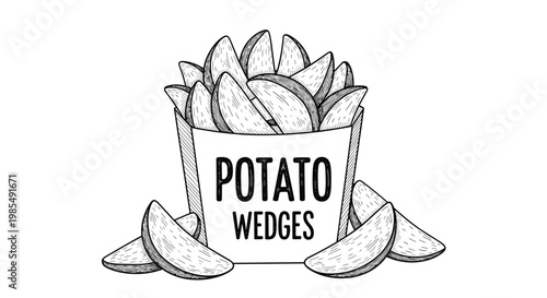 Hand-drawn black and white sketch of crispy potato wedges served in a branded paper container with scattered wedges nearby.