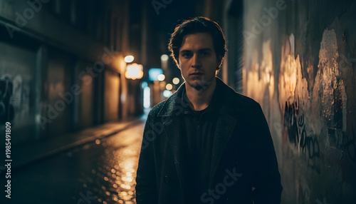 Moody portrait of a young man in a dimly lit urban alley at night