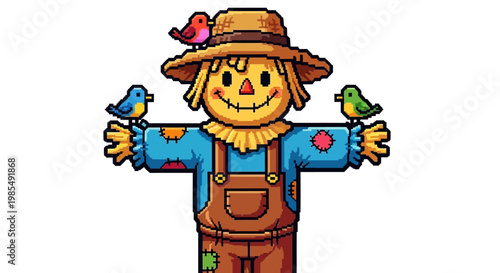 Cute Scarecrow Character with Birds on Arms and Hat.