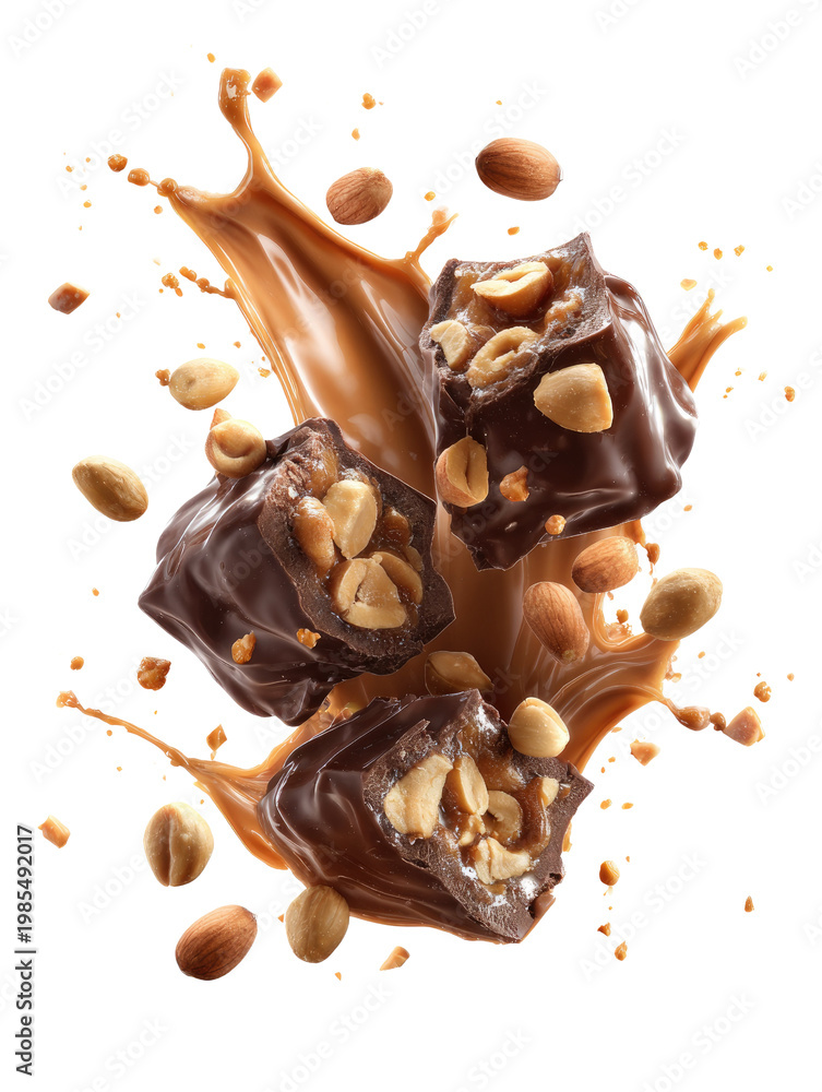 Fototapeta premium Sweet Chocolate Bites: Delightful chocolate-covered treats cascade amidst a luscious caramel splash and scattering of peanuts, a symphony of flavor in a vibrant display.