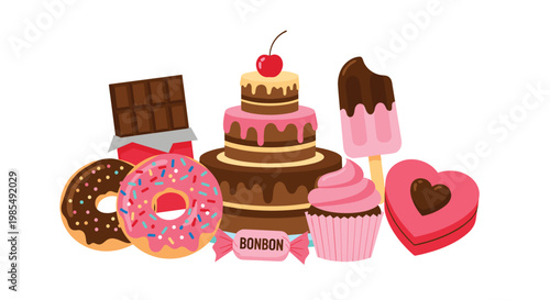 Delightful collection of various cartoon sweets including a three-tiered chocolate cake, donuts, chocolate bar, cupcake, and heart box.