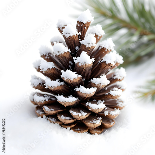Pinecone painted with artificial snow, isolated on white, high-resolution