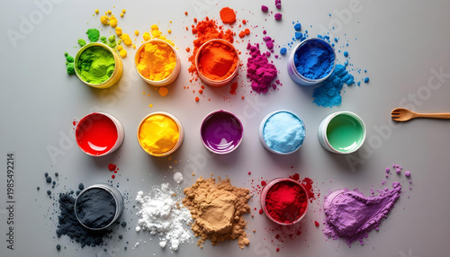 Rainbow gradient arrangement of pigment containers in symmetrical layout, studio setup, high clarity commercial background