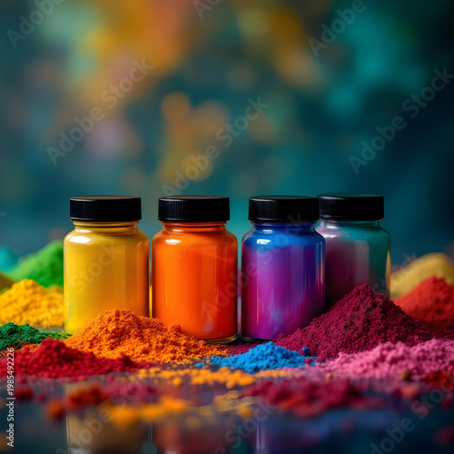 Rainbow gradient arrangement of pigment containers in symmetrical layout, studio setup, high clarity commercial background