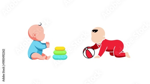 Baby stacking rings and crawling. Baby activity Icon concept. Full length Icon animation illustration. High quality 4k footage