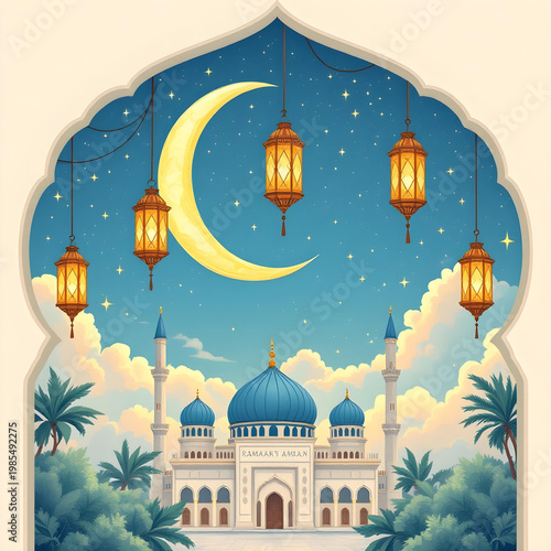 Ramadan Lantern Hanging on Crescent Moon Above Mosque