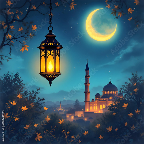 Ramadan Lantern Hanging on Crescent Moon Above Mosque